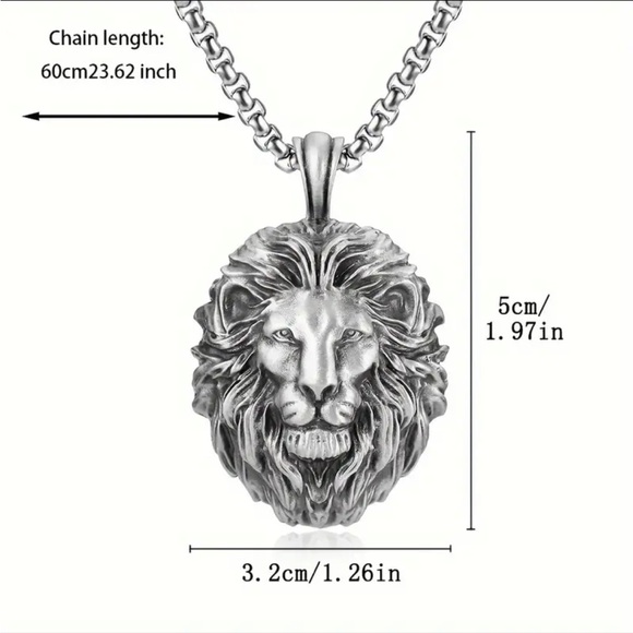 Lionhead silver tone necklace. 23.5” chain/weighted charm 2” by 1.2” NIP - Picture 7 of 7